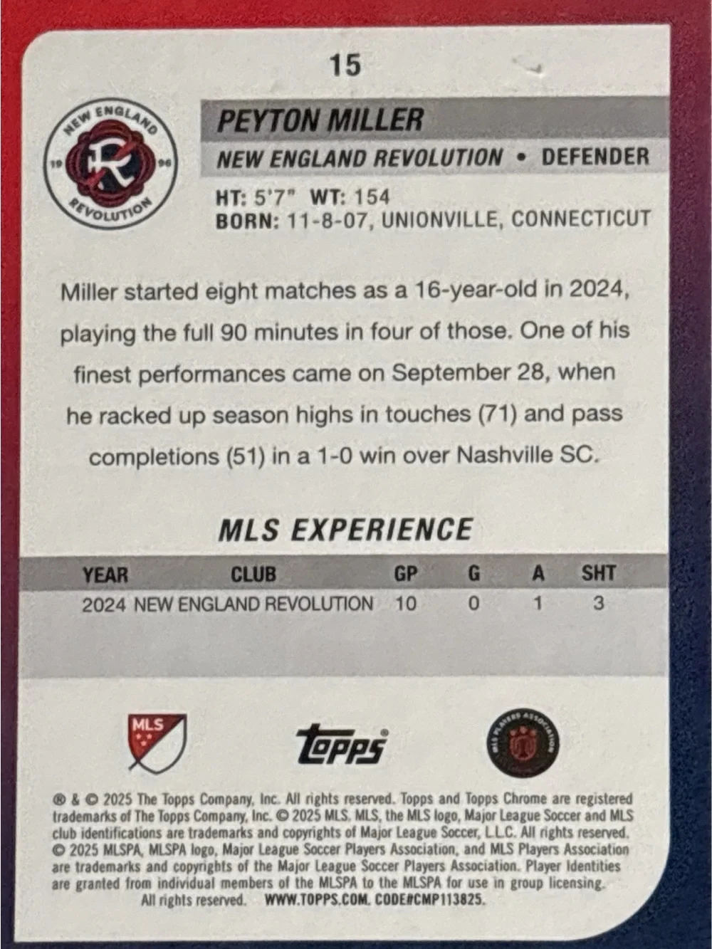Topps Chrome Peyton Miller Rookie Soccer Card
